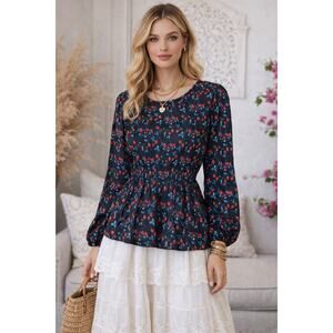 J.Crew Liberty Tana Lawn Chiffon Strawberry Floral Shirred Peplum Blouse Black 2